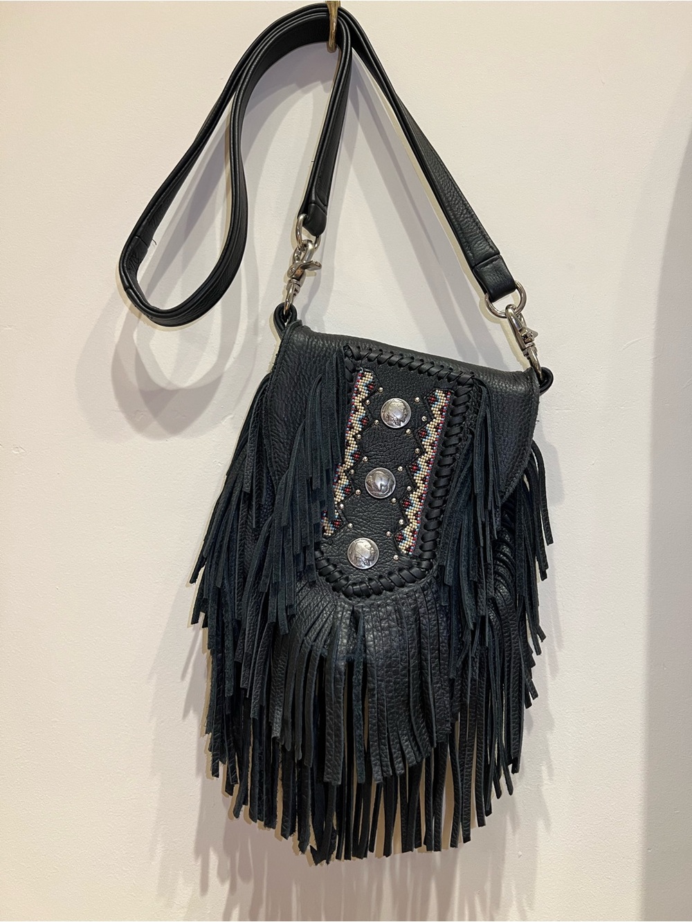 Tribe America Black handmade Fringe Crossbody Bag with Beaded Concho Detail